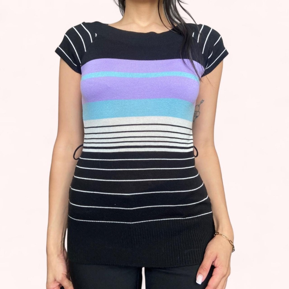 Vintage Y2K Striped Knit Cap Sleeve Color Block Top